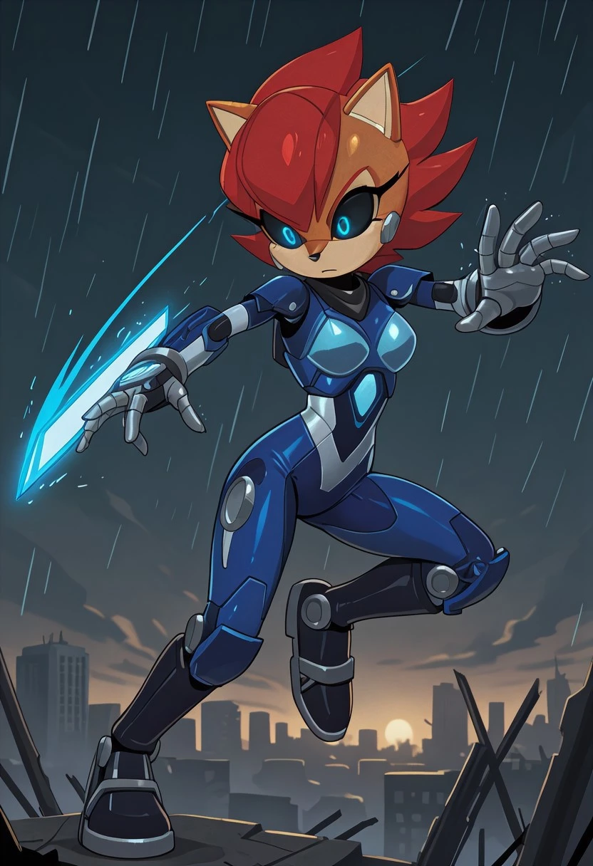 masterpiece, best quality, highres, smooth lighting, cool shading, (solo, 1girl, Mecha Sally, robot, metal skin, brown skin, peach muzzle, red hair, black sclera, glowing blue pupils, blue armored bodysuit, silver gloves, light blue blades attached to wrists, black knee boots, floating, slashing, battle pose, doing a flip, curvy), medium breasts, ruined city, destroyed city, thunderstorm, dark sky, raining