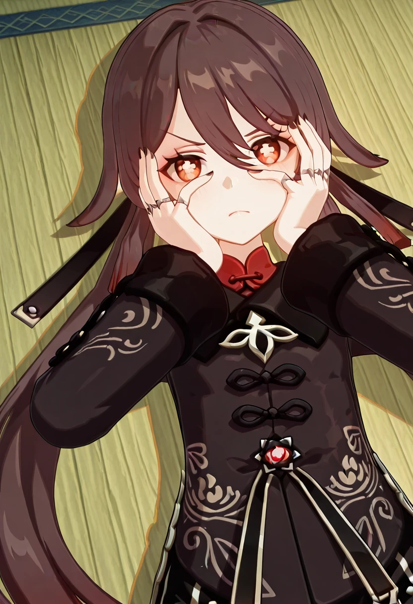 masterpiece, best quality, amazing quality,, <lora:genshin-hutao-ingame-illustriousxl-lora-nochekaiser:1>, hutao, hu tao (genshin impact), long hair, bangs, brown hair, red eyes, hair between eyes, twintails, sidelocks, symbol-shaped pupils, mature female, small breasts, 3d,, <lora:gotoubunnohanayome-vol3-illustriousxl-lora-nochekaiser:1>, gotoubunnohanayome vol3, solo, looking at viewer, blush, closed mouth, v-shaped eyebrows, frown, hands on own face, lying, on back,, , ,