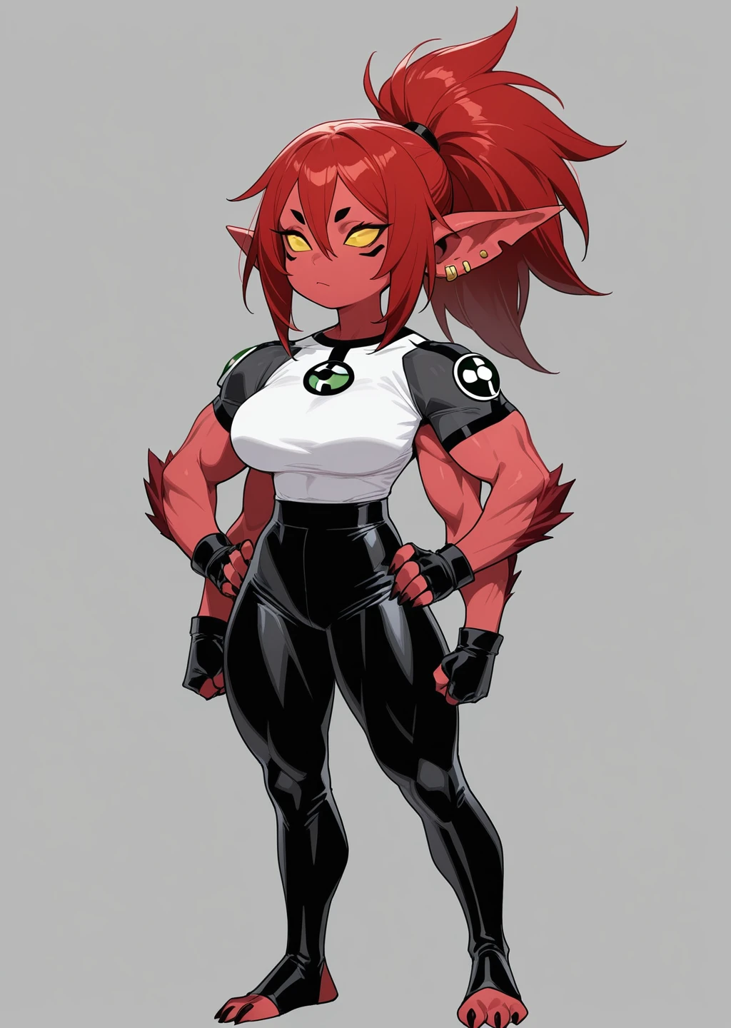 8k, render, ultra detailed, masterpiece, clean lines, absurdres, textless version, best detail, best quality, detailed, high quality, vibrant, BREAK,
<lora:Tetramand__4Arms_Ben_10_Illustrious:0.8> red skin, colored skin, muscular, alien, 4arms, multiple arms, multiple eyes, 4eyes, ben10, <lora:Goblin_Girl_Transformation_Illustrious:0.5> GobGirl, green skin, short, long ears, large ears, colored skin, monster_girl 1girl, pointy ears, goblin, shortstack, long pointy ears, earrings, ear piercings,