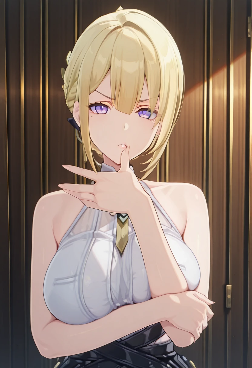 masterpiece, best quality, amazing quality,, <lora:zzz-evelyn-ingame-illustriousxl-lora-nochekaiser:1>, evelyn, evelyn chevalier, blonde hair, purple eyes, hair ornament, mole under eye, mature female, large breasts, 3d, <lora:gotoubunnohanayome-vol7-illustriousxl-lora-nochekaiser:1>, gotoubunnohanayome vol7, solo, looking at viewer, upper body, parted lips, hand up, grabbing own arm, thumb on own lips, annoyed,, , ,