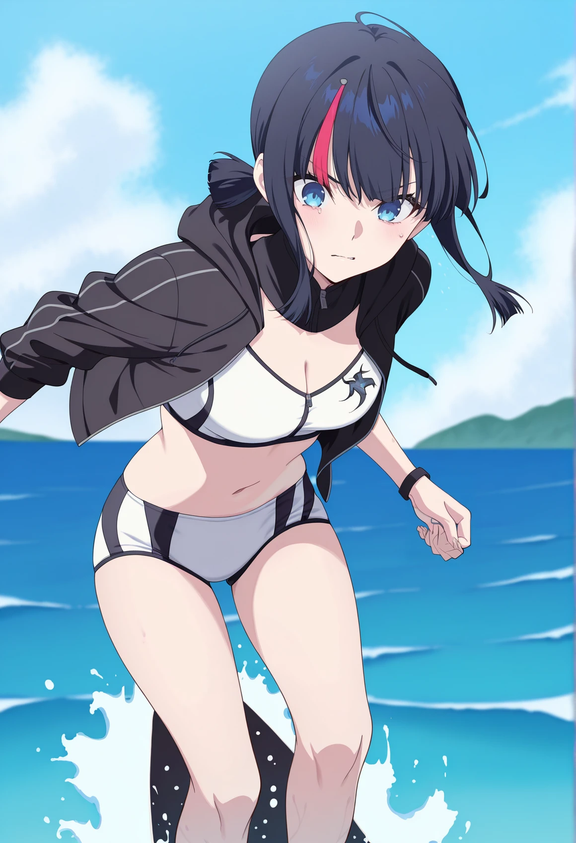anime coloring, anime screencap, 1girl, black hair, streaked hair, blue eyes, medium hair, sidelocks, low twintails, white sports swimsuit, white sports bra, navel, cleavage cutout, black cropped jacket, Hood, outdoors,sea, surfing, <lora:Erice_illus:1>, masterpiece, best quality, amazing quality, very aesthetic, absurdres, highres, newest