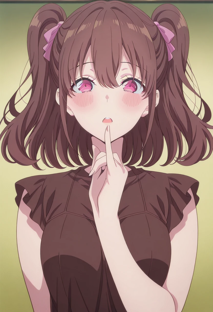 masterpiece, best quality, amazing quality,, <lora:mikari-tachibana-s1-illustriousxl-lora-nochekaiser:1>, mikari tachibana, brown hair, twintails, hair ribbon, two side up, pink eyes, mature female, small breasts, anime screencap, <lora:gotoubunnohanayome-vol11-illustriousxl-lora-nochekaiser:1>, gotoubunnohanayome vol11, solo, looking at viewer, blush, open mouth, upper body, parted lips, teeth, hand up, upper teeth only, straight-on, pinky to mouth, pinky out,, , ,