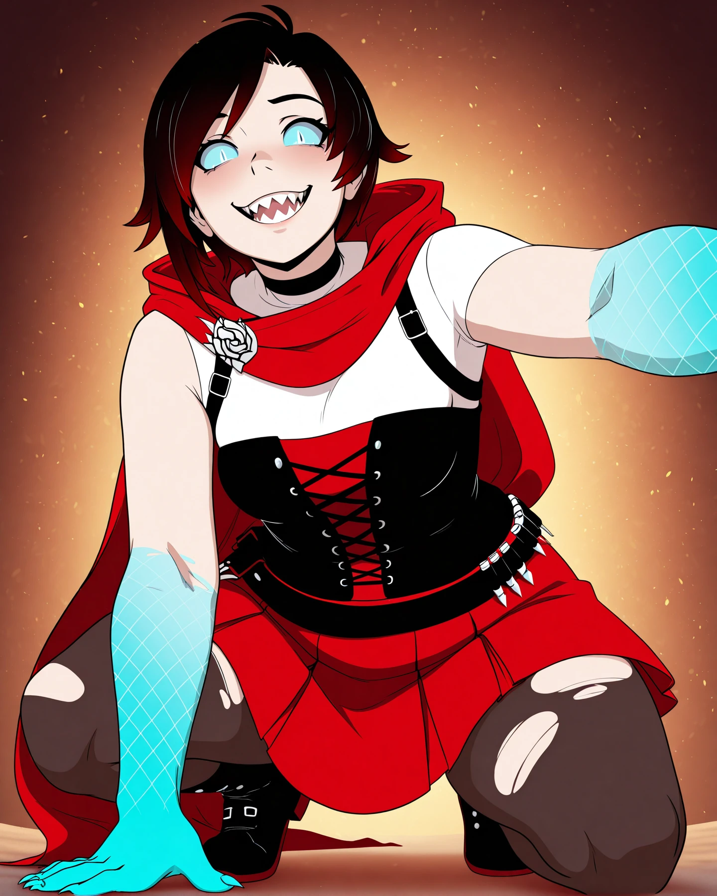 <lora:LECO-mature_female_XL(ill)v11:1> , <lora:Curvier:1> plump, thick thighs, wide hips, curvy,
<lora:CuriousCatPossession:1> CurCatPos, glowing eyes, blue colored sclera, white slit pupils, blue cat tail, checkered pattern hands, blue colored arms, bare arms, exposed arms, blue sharp claws, sharp teeth, possessed, torn sleeves, torn clothes,
squatting, leaning forward, crawling, reaching towards viewer, on one knee,
<lora:Ruby(allilus):1> Ruby Rose (RWBY All Volumes), short hair, black hair, bangs, multicolored hair, red hair, gradient hair, medium breasts, Vol7Huntress, parted bangs, choker, red skirt, pantyhose, cape, black corset, undershirt, bandolier, IllusP0s, masterpiece, best quality, amazing quality, very aesthetic, absurdres, newest, Smooth_Quality