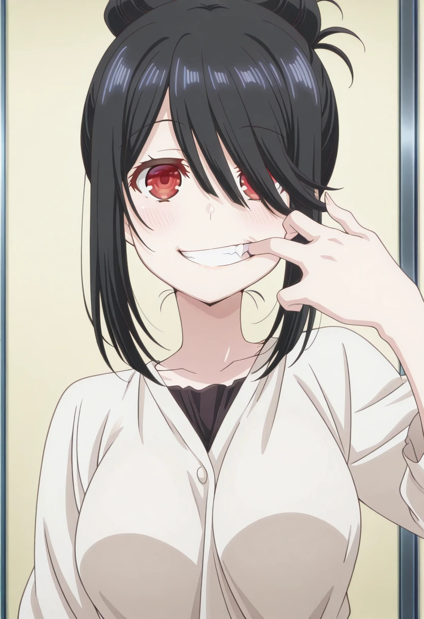 masterpiece, best quality, amazing quality,, <lora:kurumi-tokisaki-s2-illustriousxl-lora-nochekaiser:1>, kurumi tokisaki, black hair, red eyes, medium hair, folded hair, hair bun, hair over one eye, mature female, medium breasts, anime screencap, <lora:gotoubunnohanayome-vol10-illustriousxl-lora-nochekaiser:1>, gotoubunnohanayome vol10, solo, looking at viewer, blush, smile, upper body, teeth, hand up, grin, straight-on, finger in own mouth, mouth pull,, , ,