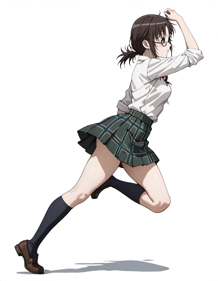 masterpiece, best quality, absurdres, <lora:nomura_taeko_IL_r1:1>, taeko_(coppelion), solo, 1girl, single, only_one, one_person, glasses, brown hair, ponytail, school uniform, white shirt, plaid skirt, green skirt, pleated skirt, ribbon, kneehighs, loafers, on a plain white background, studio background, simple_background, full body, dynamic pose, from side,