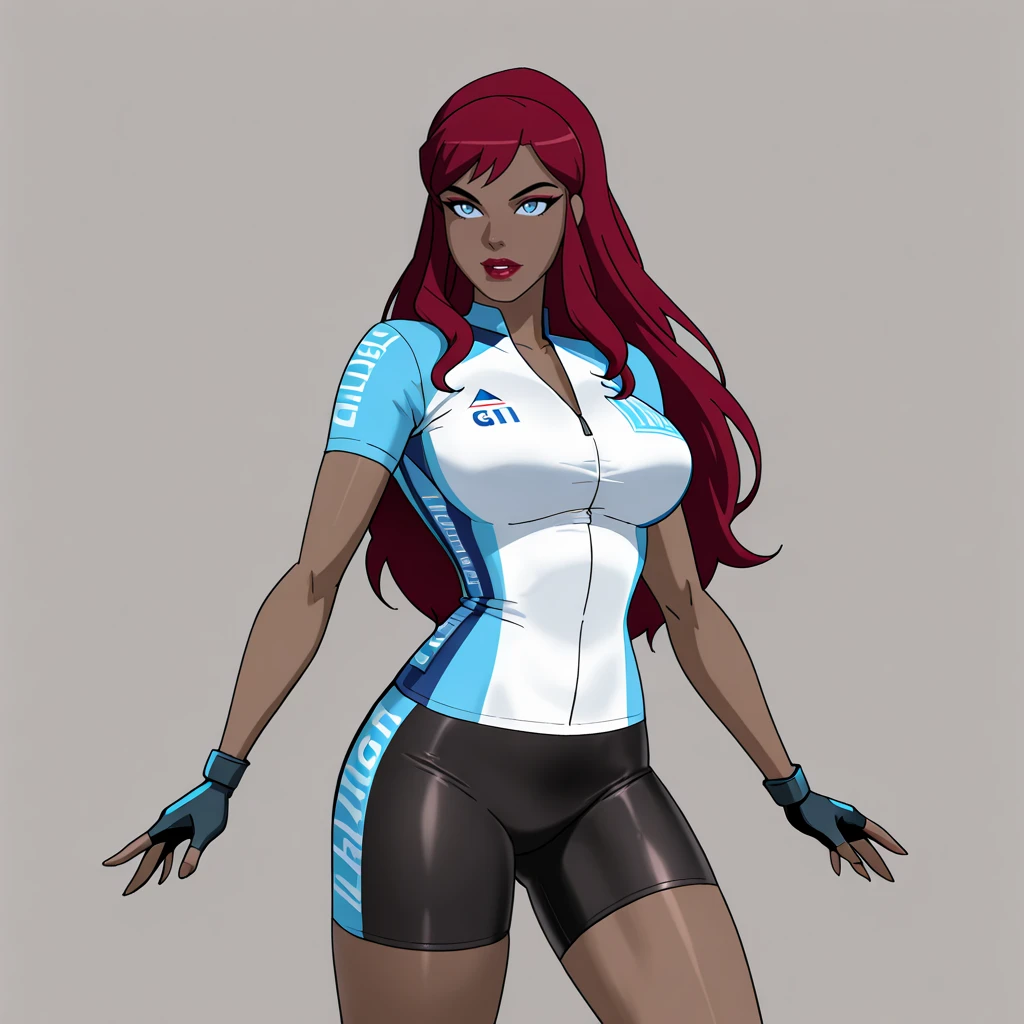 <lora:Giganta_illustrious_v1:.8>  GigantaDCAU, 1girl,  blue eyes, long hair, red hair, dark skin, breasts, dark-skinned female, lipstick, makeup, cowboy shot,  <lora:cycling-uniform-illustriousxl-lora-nochekaiser:1> cycling uniform, bike jersey, bike shorts, biker clothes, fingerless gloves, gloves, short sleeves,