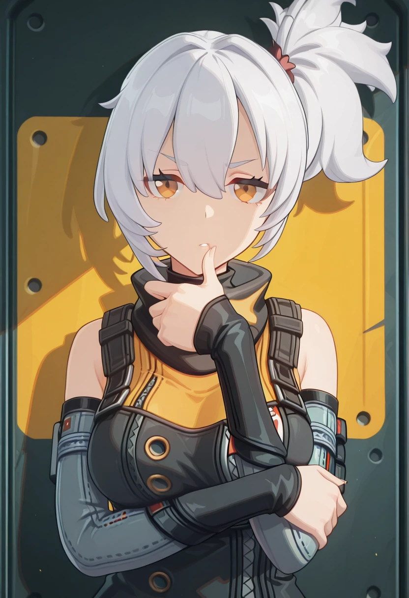 masterpiece, best quality, amazing quality,, <lora:zzz-soldier-11-ingame-illustriousxl-lora-nochekaiser:1>, soldier 11, soldier 11 (zenless zone zero), white hair, hair tie, orange eyes, ponytail, short hair, side ponytail, mature female, medium breasts, 3d, <lora:gotoubunnohanayome-vol7-illustriousxl-lora-nochekaiser:1>, gotoubunnohanayome vol7, solo, looking at viewer, upper body, parted lips, hand up, grabbing own arm, thumb on own lips, annoyed,, , ,