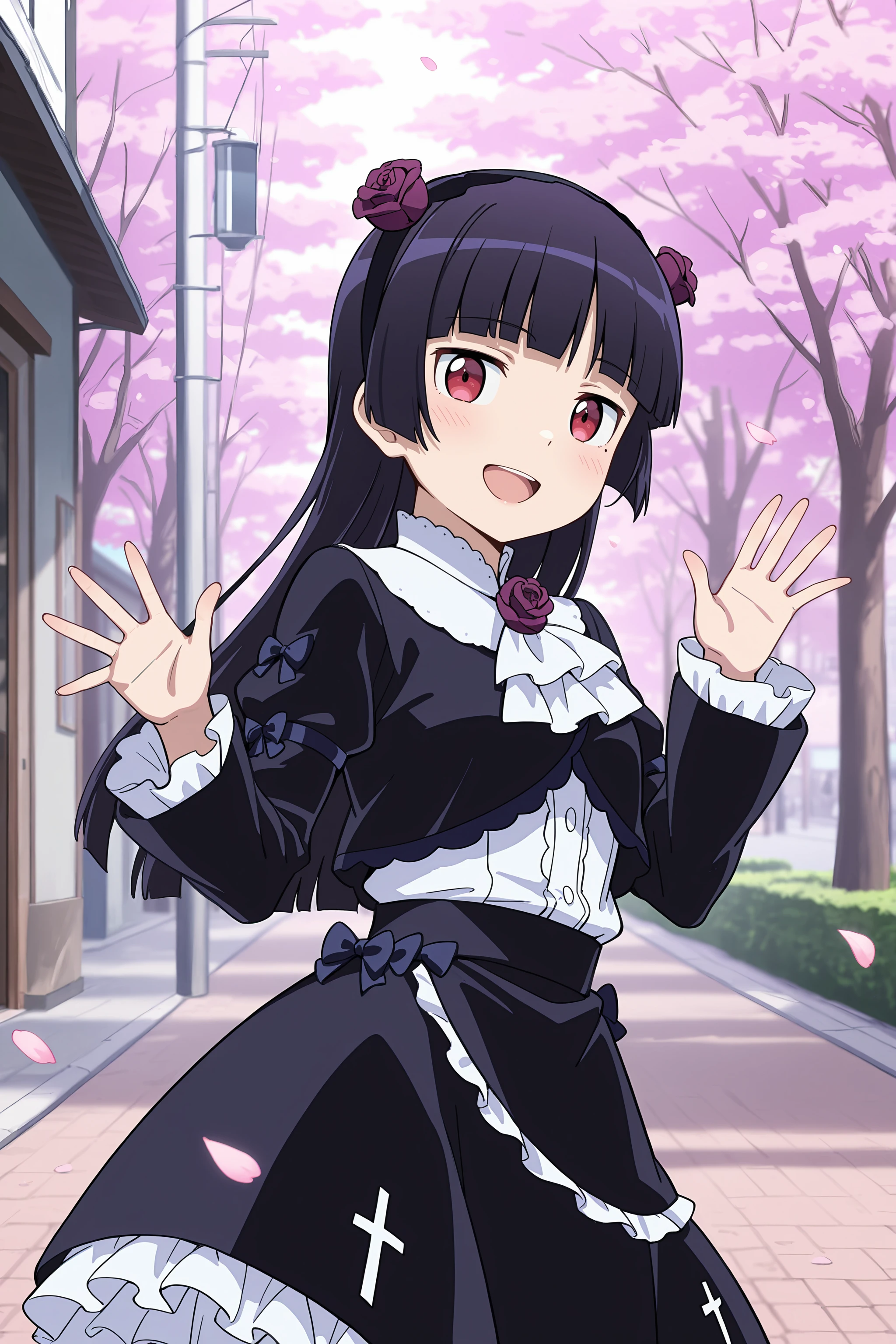 <lora:Char-Gokou_Ruri-V1-IL:0.9:hr=0.6>
masterpiece, best quality, amazing quality, very aesthetic, absurdres, newest, (scenery, volumetric lighting), anime screenshot, anime coloring 1girl, gokou ruri, red eyes, black flower hairband, solo, frilled ascot, flower brooch, black cropped jacket, white frilled shirt, black hoop skirt, petticoat, waving, looking at viewer, smile, open mouth, standing, contrapposto, cowboy shot, outdoors, street, cherry blossoms, petals, depth of field