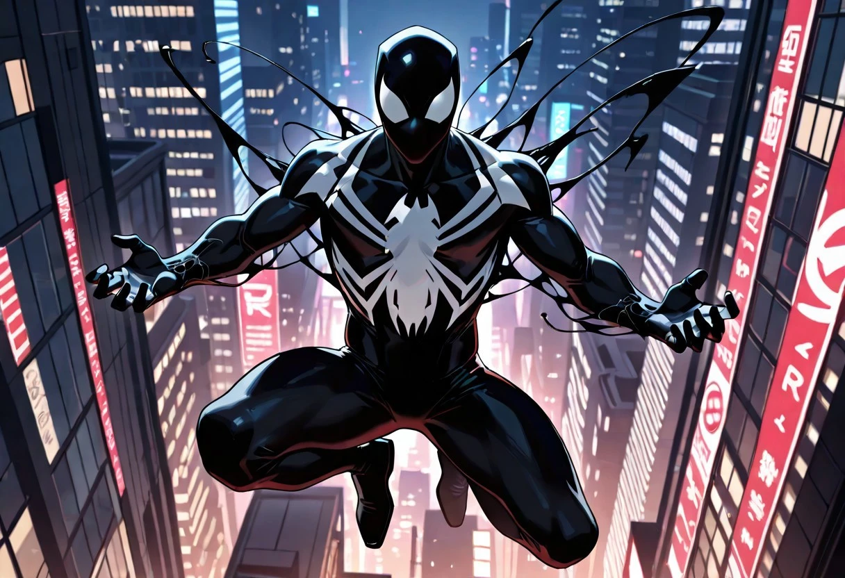 blacksuitspider_2017/(marvel)IL, symbiote, blacksuit, 1boy, solo, muscular, mask, , spiderprint,
front view, superhero pose. jumping,
masterpiece, best quality, amazing quality, very aesthetic, highres, absurdres
night city,
4k, best quality, highly detailed, lights details, high resolution, high quality, perfect quality, vivid color, vibrant, highly detailed,