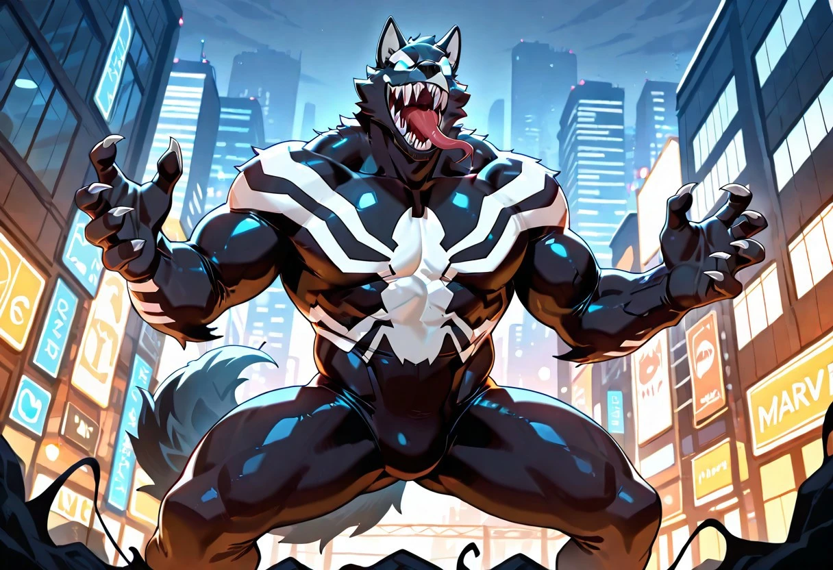 venom2017maximum/(marvel)IL, symbiote, blacksuit, bodysuit, mouth, sharp_teerh, long_tongue, muscular, 1boy, solo, spiderprint,
ArgoIL, solo, male, anthro, wolf, muscular, bara, claws, paws, wolf tail. wolf snout, wolf ears,
front view,
masterpiece, best quality, amazing quality, very aesthetic, highres, absurdres
night city,
4k, best quality, highly detailed, lights details, high resolution, high quality, perfect quality, vivid color, vibrant, highly detailed,