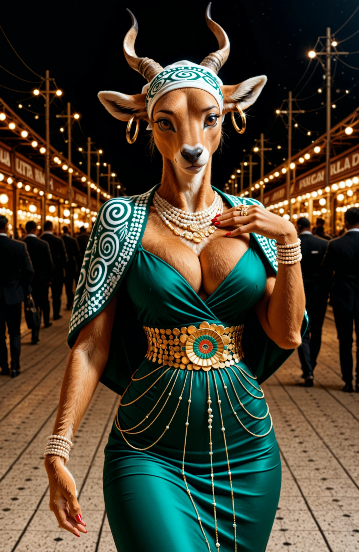 very awa, masterpiece, best quality, (ultra-detailed, absurdres, real world location, realistic:1.3), (anthro, antelope, female anthro), brown fur, green dress, high-waisted dress, beaded dress, sparkling dress, green capelet, large headwrap, white headwrap, gold jewelry, red nail polish, elegant, fashion, African fashion, traditional attire, standing, looking at camera, dark background, (brown fur, fluffy fur:1.3), fashion model, confident, detailed textures, intricate patterns, decorative elements, hand on chest, stylish, cultural attire, high-fashion, African heritage, ornate, beautiful, sophisticated, jewelry on wrist, jewelry on fingers, dress with embellishments, elegant neckline,spiral horn, fashion photography, African fashion design,(brown hands:1.3), contemporary style, vibrant colors, fashion show, runway model, elegant posture, rich textures, high fashion photography, African culture, traditional elements, modern twist, cultural fusion, large breasts, cleavage, round breasts, spherical breasts, furred body, body fur, realistic fur, (hoop earrings, hoop ear rings), furry female  <lora:HoopEarringsNoobEPS1-1:0.6>
