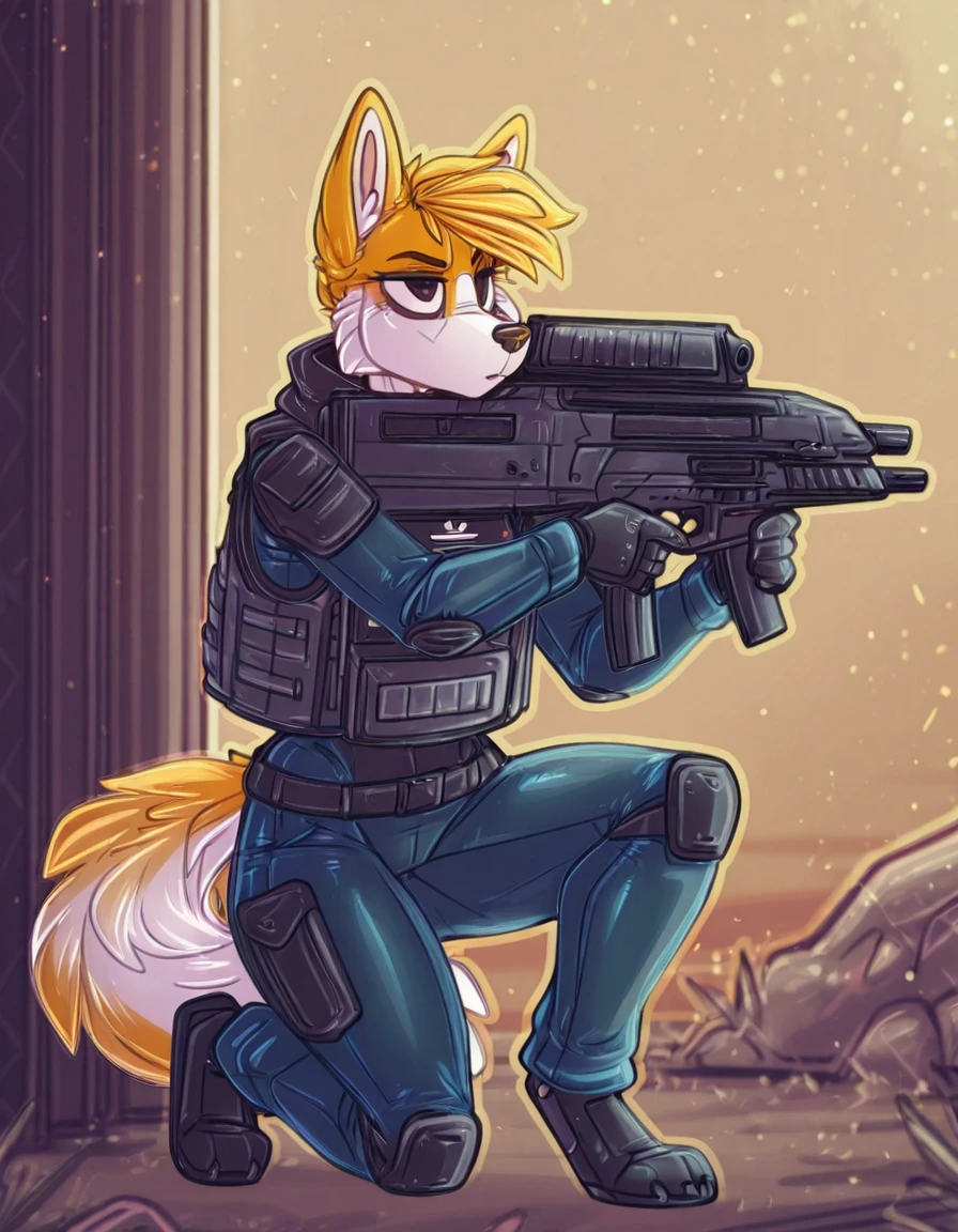 xm29, assault riffle, holding weapon, bulletproof vest, on one knee, aiming, dimwitdog, anthro, canine