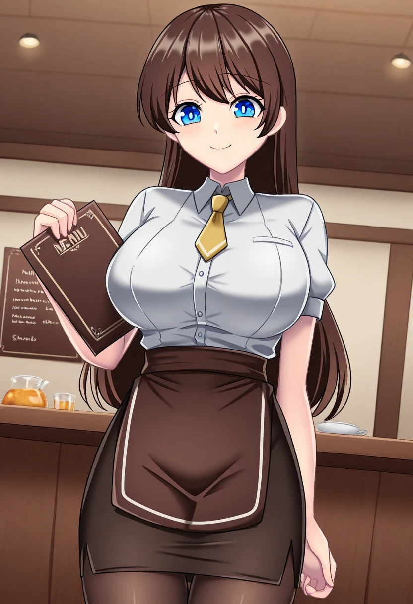 1girl, solo, hikarioparu, brown hair, long hair, blue eyes, bright pupils, white pupils, , waitress, grey collared shirt, short sleeves, yellow necktie, short necktie, black skirt, pencil skirt, brown waist apron, pantyhose, menu, holding menu, indoors, restaurant, hand up, smile, cowboy shot,