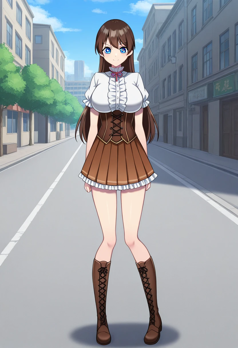 1girl, solo, hikarioparu, brown hair, long hair, blue eyes, bright pupils, white pupils, , magical girl, shirt, short sleeves, frills, center frills, short sleeves, turtleneck, neck ribbon, corset, pleated skirt, knee boots, lace-up boots, outdoors, city, street, smile, serious, standing, full body
