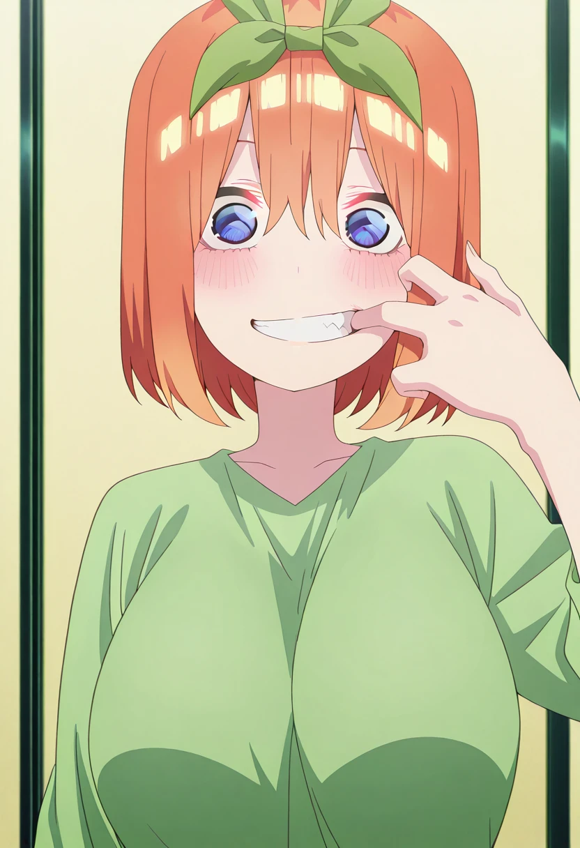 masterpiece, best quality, amazing quality,, <lora:yotsuba-nakano-s2-illustriousxl-lora-nochekaiser:1>, yotsuba nakano, bangs, short hair, blue eyes, hair between eyes, hair ribbon, hairband, orange hair, green ribbon, mature female, large breasts, anime screencap, <lora:gotoubunnohanayome-vol10-illustriousxl-lora-nochekaiser:1>, gotoubunnohanayome vol10, solo, looking at viewer, blush, smile, upper body, teeth, hand up, grin, straight-on, finger in own mouth, mouth pull,, , ,
