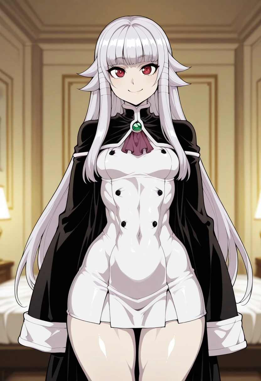 score_9, score_8_up, score_7_up, masterpiece, best quality, amazing quality, cinematic lighting, high definition, 1 girl, hirame, fishine, fishine:0.8, shardanic:0.6,
Anri Hazeworth, (/Yuusha ga Shinda!), red eyes,
cute eyes, expressive eyes, detailed eyes, eyesHD, high definition eyes, high gradient eyes, detailed face, light makeup, beautiful face, intricately detailed face, perfect face, 
pale skin, glossy skin, shiny skin, small breasts, large hips, curvy, heavy breasts, heavy hip,  large butt, toned body, muscular body, wide hips, thin body, thin waist, narrow waist, thick legs,
Black robe, ascot, white dress, skirt, large sleeves, long sleeves, bellow finger sleeves, tighhihgs, skindentation,
looking at viewer, timid smile,
standing,
1 girl, solo, detailed background, indoors, bedroom,