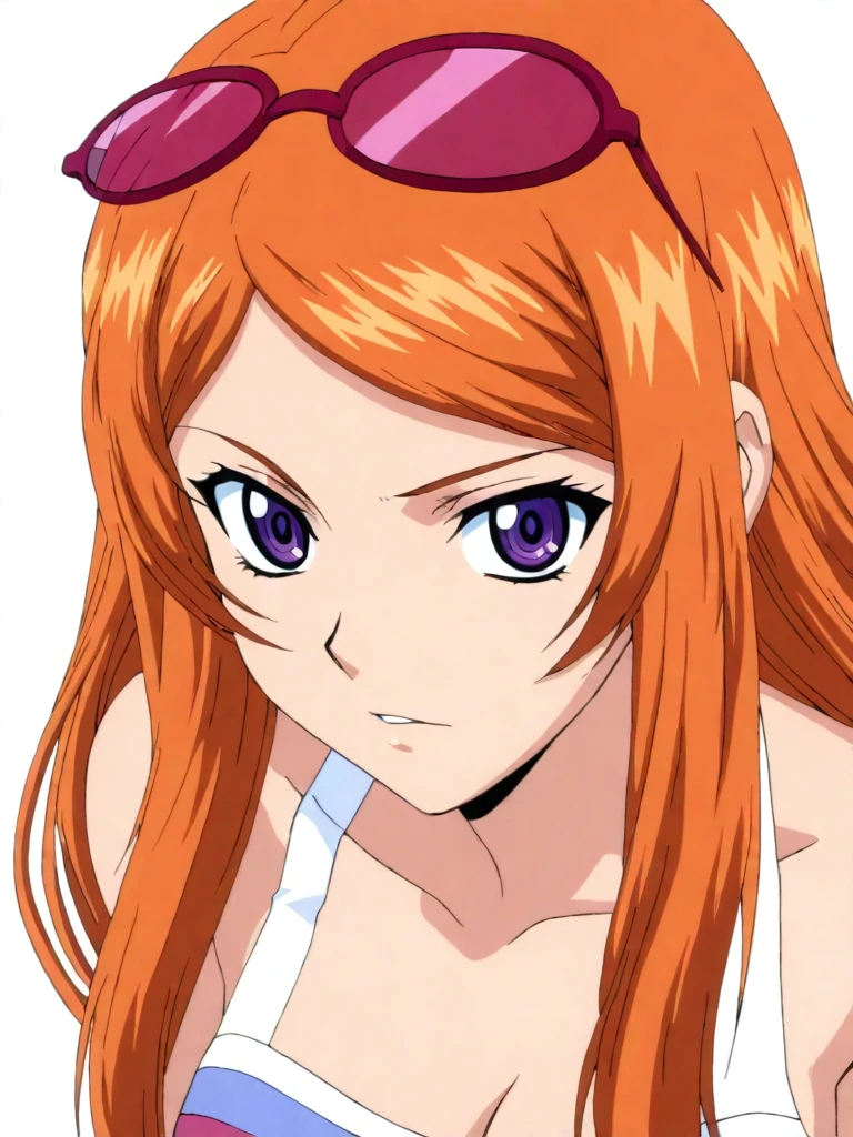 masterpiece,high score,great score,absurdres,anime coloring,anime screenshot,looking at viewer,solo,portrait,white background,<lora:SakiShindou hassakuill30:1> sakishindou, orange hair, long hair, purple eyes, eyewear on head,crop top,cleavage,