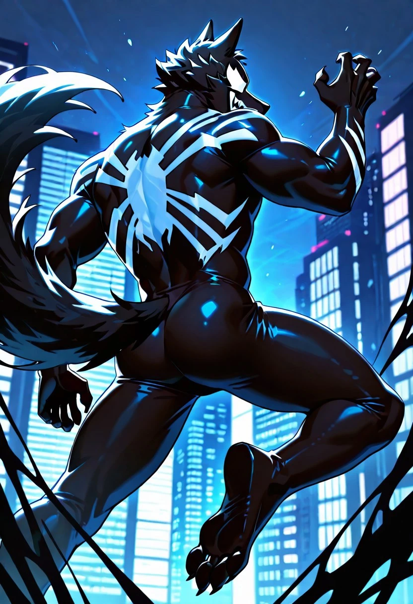 blacksuitspider_2017/(marvel)IL, symbiote, blacksuit, 1boy, solo, muscular, mask, bodysuit, spiderprint,
ArgoIL, solo, male, anthro, wolf, muscular, bara, claws, paws, wolf tail, wolf snout, wolf ears,
back view, superhero pose. jumping,
masterpiece, best quality, amazing quality, very aesthetic, highres, absurdres
night city,
4k, best quality, highly detailed, lights details, high resolution, high quality, perfect quality, vivid color, vibrant, highly detailed,