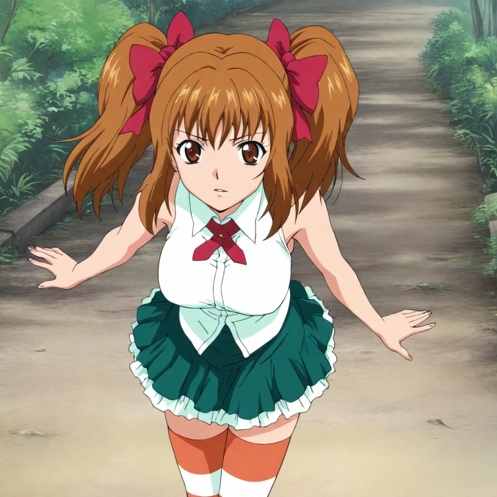 masterpiece,high score,great score,absurdres,anime coloring,looking at viewer,solo,<lora:SayakaYukimura hassakuill30:1> sayakayukimura, brown hair, twintails, hair bow, brown eyes,sleeveless shirt,ribbon,green skirt,striped thighhighs,