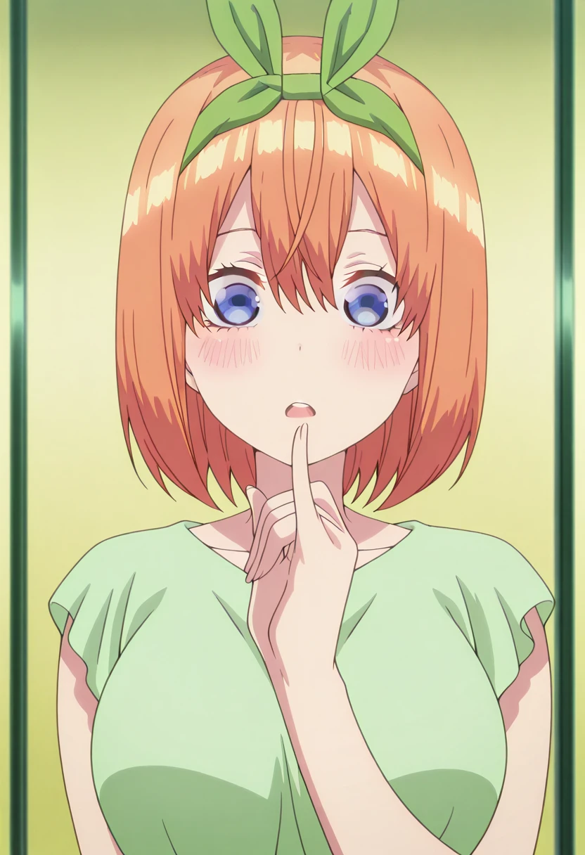 masterpiece, best quality, amazing quality,, <lora:yotsuba-nakano-s1-illustriousxl-lora-nochekaiser:1>, yotsuba nakano, nakano yotsuba, bangs, short hair, blue eyes, hair between eyes, hair ribbon, hairband, orange hair, green ribbon, mature female, large breasts, anime screencap, <lora:gotoubunnohanayome-vol11-illustriousxl-lora-nochekaiser:1>, gotoubunnohanayome vol11, solo, looking at viewer, blush, open mouth, upper body, parted lips, teeth, hand up, upper teeth only, straight-on, pinky to mouth, pinky out,, , ,