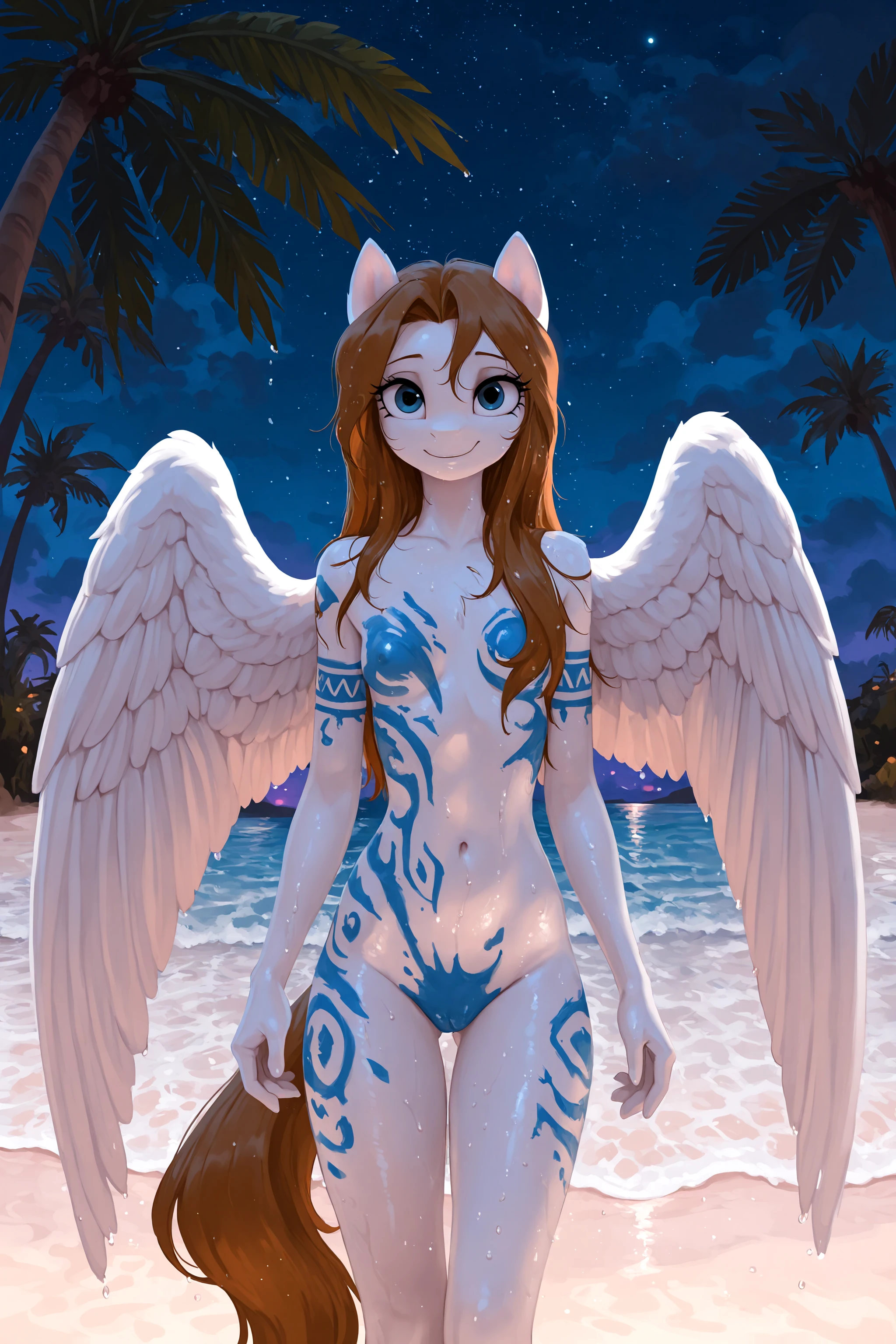 masterpiece, best quality, amazing quality, furry, anthro,
1girl, solo, pony girl, eyelashes, white fur, blue eyes, long hair, straight hair, brown hair, ((curtained hair)), white wings, big wings, brown tail, pony tail, happy, smile, white hands, wet hair, skinny, nude, convenient censoring,
outside, palm tree, beach, night, (blue tribal painting, body painting), long legs, cowboy shot, legs apart, thigh gap, looking at viewer,
FarisStyle