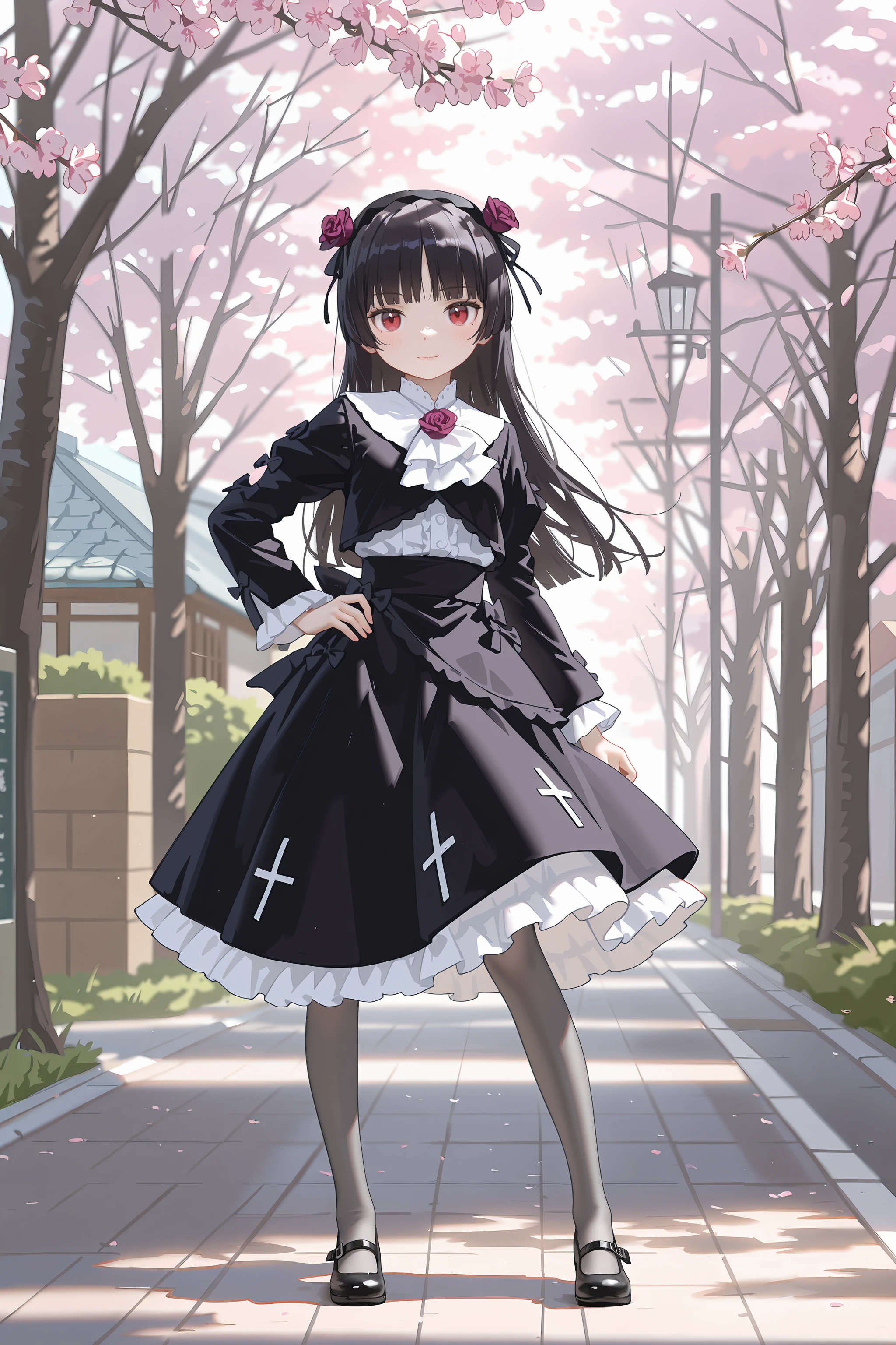 1girl, gokou ruri, red eyes, black flower hairband, solo, frilled ascot, flower brooch, black cropped jacket, white frilled shirt, black hoop skirt, petticoat, grey pantyhose, mary janes, hand on hip, looking at viewer, light smile, standing, contrapposto, full body, outdoors, street, cherry blossoms, petals, depth of field <lora:Char-Gokou_Ruri-V1-IL:0.9:hr=0.6>, (fkey:0.5), (fuzichoco:0.6), ningen mame, sho lwlw, (rhasta:0.9), (wlop:0.7), (ke-ta:0.6), chen bin, (hyouuma:0.8)
masterpiece, best quality, amazing quality, very awa,absurdres,newest,very aesthetic, highres, (scenery, volumetric lighting), high contrast, photorealistic, <lora:IL-Dramatic_Lighting_Slider:2.5:hr=0>