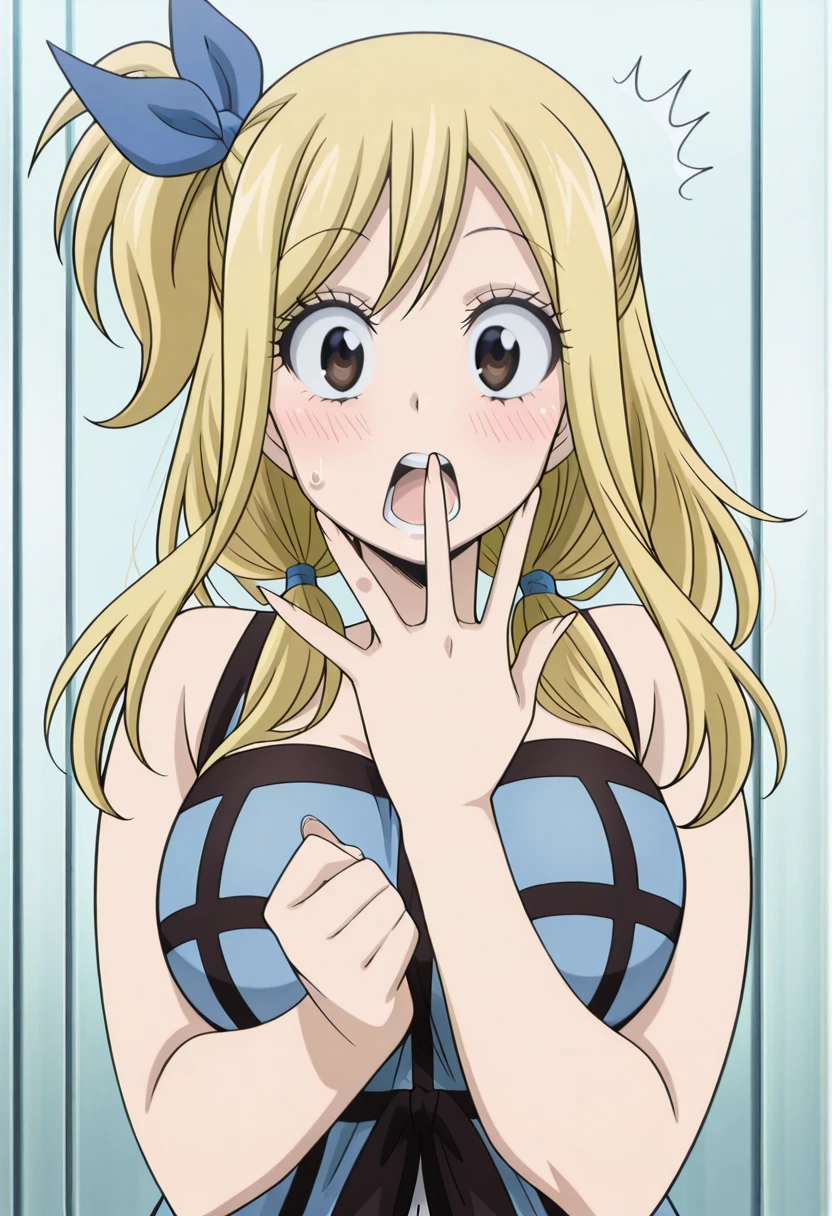 masterpiece, best quality, amazing quality,, <lora:lucy-heartfilia-s1s3s7-illustriousxl-lora-nochekaiser:1>, lucy heartfilia, one side up, ribbon, hair ribbon, blue ribbon, blonde hair, brown eyes, long hair, mature female, large breasts, anime screencap, <lora:gotoubunnohanayome-vol9-illustriousxl-lora-nochekaiser:1>, gotoubunnohanayome vol9, solo, looking at viewer, blush, open mouth, upper body, teeth, surprised, open hand, hands up,, , ,