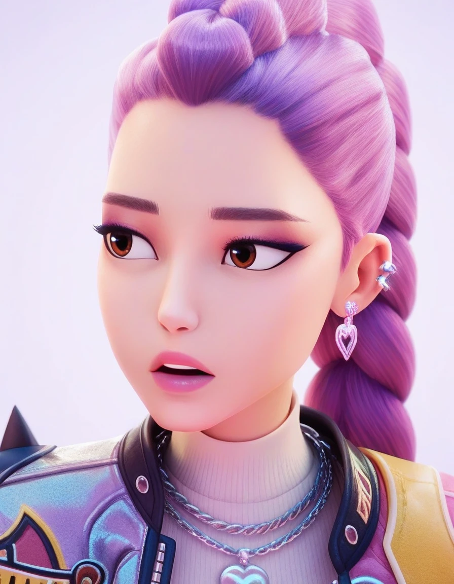 Rumi_XL, braid, braided ponytail, eyeshadow, brown eyes, Rumi_XL, 1girl, solo, open mouth, jewelry, jacket, ponytail, earrings, parted lips, teeth, necklace, open jacket, sweater, looking to the side, upper teeth only, makeup, turtleneck, piercing, portrait, ear piercing, close-up, eyeshadow, spikes, ribbed sweater, turtleneck sweater, chain necklace, gold chain, purple eyeshadow, thick lips, k/da (league of legends), animification, grey sweater, <lora:Rumi_XL-15:0.9>