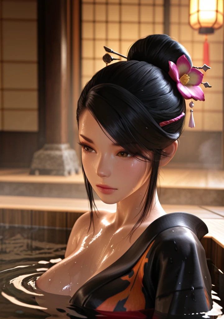 masterpiece, best quality, amazing quality, very aesthetic, high resolution, ultra-detailed, absurdres, newest, scenery, 3D, rendered, BREAK, depth of field, volumetric lighting,realistic,
1girl, japanese, nohime, black hair, hair ornament, single hair bun, hair flower, hair bun, hair stick,face focus, brown eyes, japanese clothes, kimono, black kimono, obi, sash, nude, taking bath, water, wet