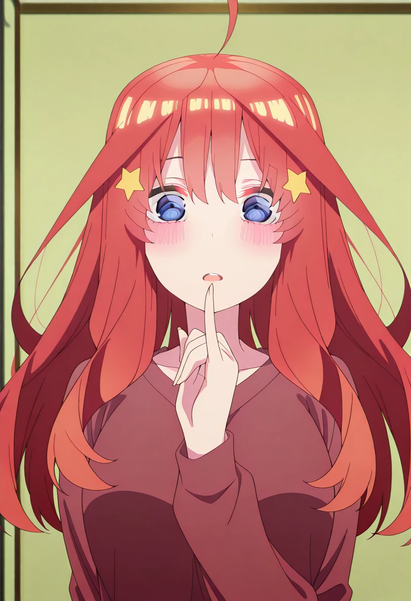 masterpiece, best quality, amazing quality,, <lora:itsuki-nakano-s2-illustriousxl-lora-nochekaiser:1>, itsuki nakano, bangs, blue eyes, hair between eyes, ahoge, red hair, star (symbol), hair ornament, star hair ornament, mature female, large breasts, anime screencap, <lora:gotoubunnohanayome-vol11-illustriousxl-lora-nochekaiser:1>, gotoubunnohanayome vol11, solo, looking at viewer, blush, open mouth, upper body, parted lips, teeth, hand up, upper teeth only, straight-on, pinky to mouth, pinky out,, , ,