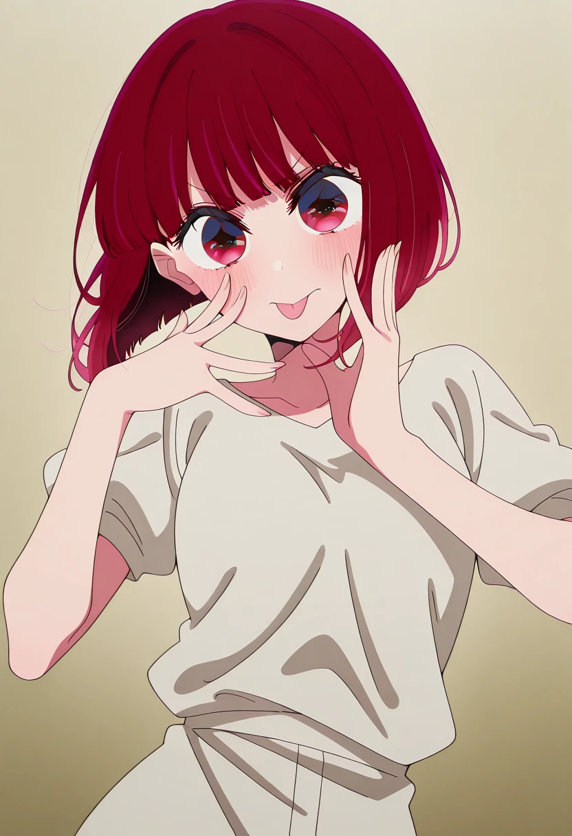 masterpiece, best quality, amazing quality,, <lora:kana-arima-s1s2-illustriousxl-lora-nochekaiser:1>, kana arima, arima kana, short hair, bangs, red eyes, red hair, bob cut, mature female, small breasts, anime screencap, <lora:gotoubunnohanayome-vol6-illustriousxl-lora-nochekaiser:1>, gotoubunnohanayome vol6, solo, looking at viewer, blush, closed mouth, tongue, tongue out, hands up, v-shaped eyebrows, akanbe,, , ,