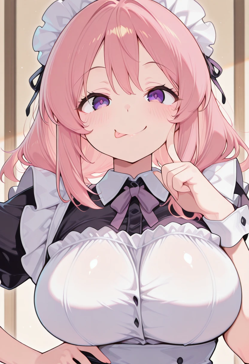 masterpiece, best quality, amazing quality,, <lora:CivChan:1>, CivChan, purple eyes, pink hair, mature female, large breasts, maid headdress,, <lora:gotoubunnohanayome-vol8-illustriousxl-lora-nochekaiser:1>, gotoubunnohanayome vol8, solo, looking at viewer, blush, smile, upper body, tongue, tongue out, :p, finger to cheek, hand on own hip,, , ,