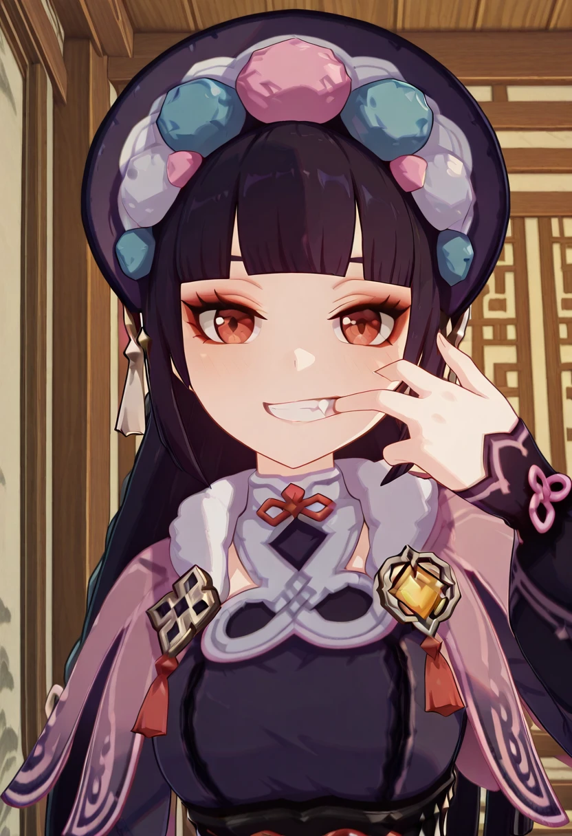 masterpiece, best quality, amazing quality,, <lora:genshin-yun-jin-ingame-illustriousxl-lora-nochekaiser:1>, yun jin, yun jin (genshin impact), black hair, blunt bangs, braid, eyeshadow, long hair, makeup, purple hair, red eyes, red eyeshadow, mature female, medium breasts, 3d, <lora:gotoubunnohanayome-vol10-illustriousxl-lora-nochekaiser:1>, gotoubunnohanayome vol10, solo, looking at viewer, blush, smile, upper body, teeth, hand up, grin, straight-on, finger in own mouth, mouth pull,, , ,
