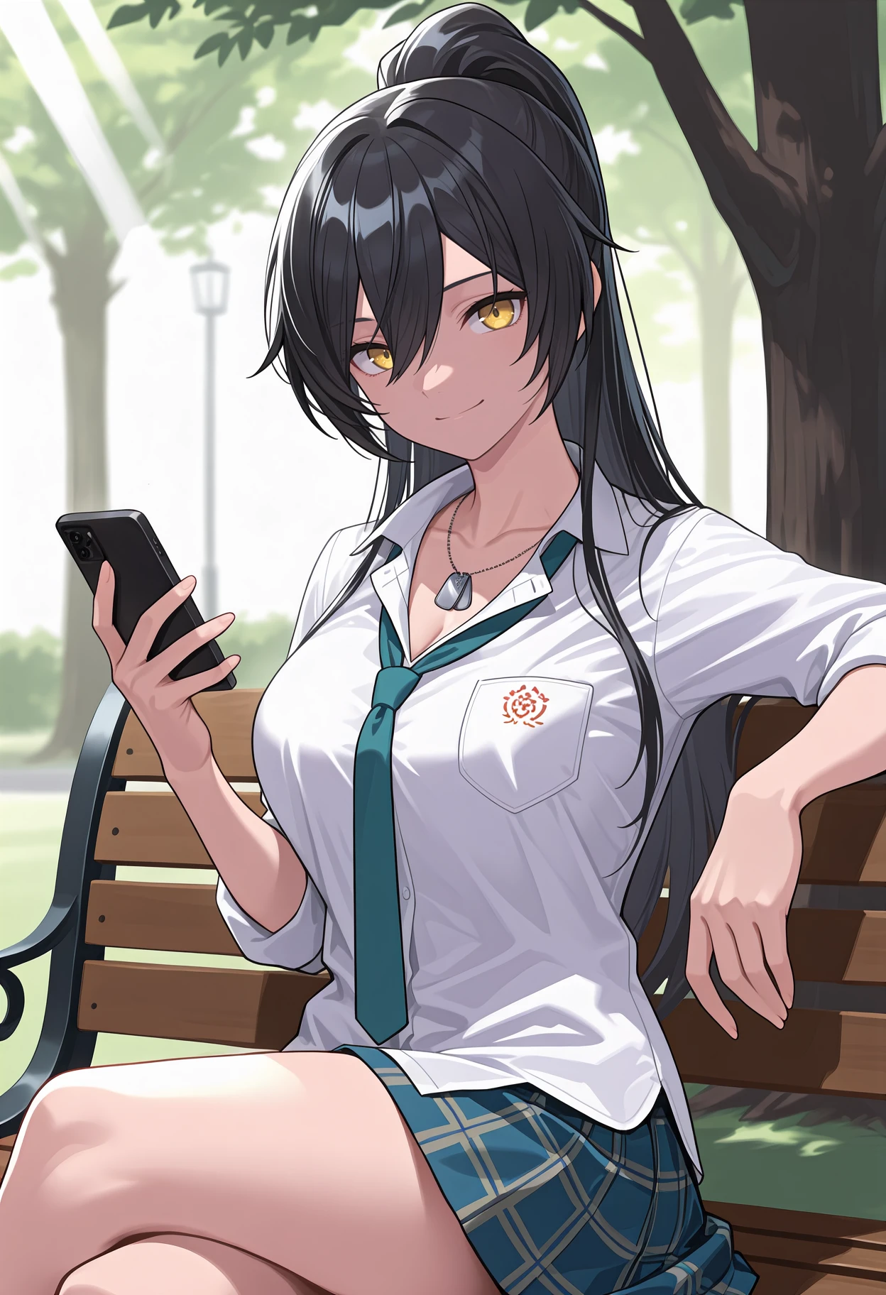 newest, solo, 1girl, smile, looking at viewer, sitting, park bench, holding phone, crossed legs, long hair, black hair, hair between eyes, high ponytail, yellow eyes, white shirt, dress shirt, collared shirt, pocket, untucked shirt, green necktie, loose necktie, sleeves rolled up, blue skirt, plaid skirt, miniskirt, dog tags, collarbone, , outdoors, day, tree, sunbeam
<segment:yolo-Anzhc Face seg 640 v3 y11n.pt,0.5,0.5//cid=11>