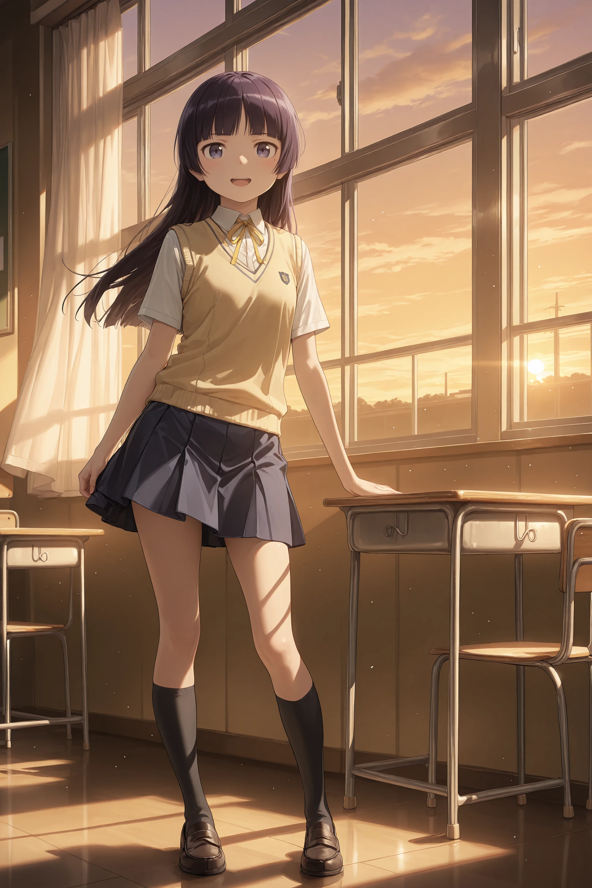 1girl, gokou ruri, solo, yellow neck ribbon, white collared shirt, yellow sweater vest, blue miniskirt, black kneehighs, loafers, standing, contrapposto, full body, looking at viewer, smile, open mouth, sunset, classroom, school desk, window, backlighting, depth of field <lora:Char-Gokou_Ruri-V1-IL:0.9:hr=0.6>
masterpiece, best quality, amazing quality, very awa,absurdres,newest,very aesthetic, highres, (scenery, volumetric lighting), high contrast, photorealistic, <lora:IL-Cunny:0.8:hr=0>, <lora:IL-Dramatic_Lighting_Slider:2.5:hr=0>