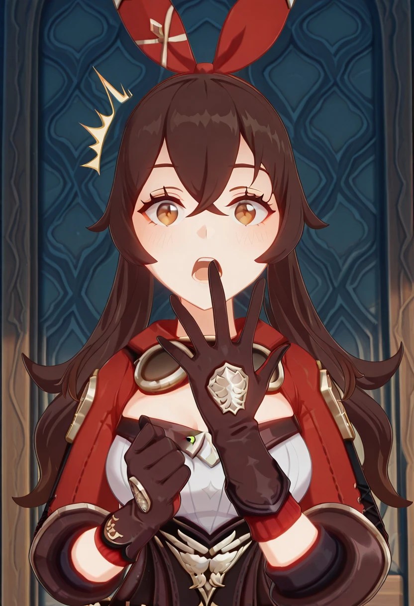 masterpiece, best quality, amazing quality,, <lora:genshin-amber-ingame-illustriousxl-lora-nochekaiser:1>, amber, amber (genshin impact), long hair, bangs, brown hair, ribbon, hair between eyes, brown eyes, hair ribbon, sidelocks, hairband, mature female, medium breasts, 3d,, <lora:gotoubunnohanayome-vol9-illustriousxl-lora-nochekaiser:1>, gotoubunnohanayome vol9, solo, looking at viewer, blush, open mouth, upper body, teeth, surprised, open hand, hands up,, , ,