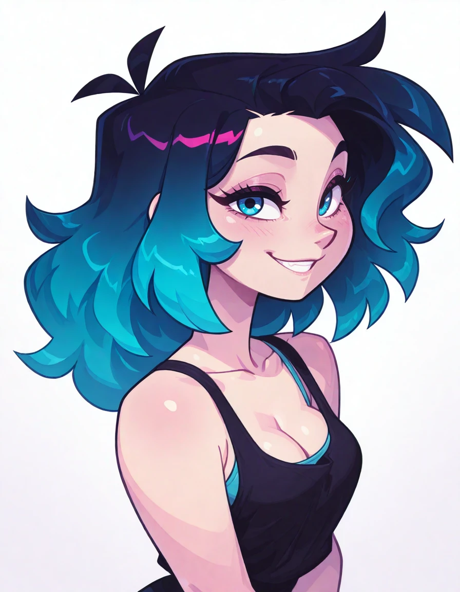 1girl, Ra3lyn,
<lora:OC_Rae_Character_LoRA:1>
<lora:Cubesona_Style_LoRA:1> cub3s0n4, 
solo, tank top, bra strap, gradient hair, face, close up, dark clothes, looking at viewer, heavily stylized, drama layer, amazing quality, close up, neon palette, dynamic, portrait shot, lazypos, cleavage, smile, side view, sunny, white background