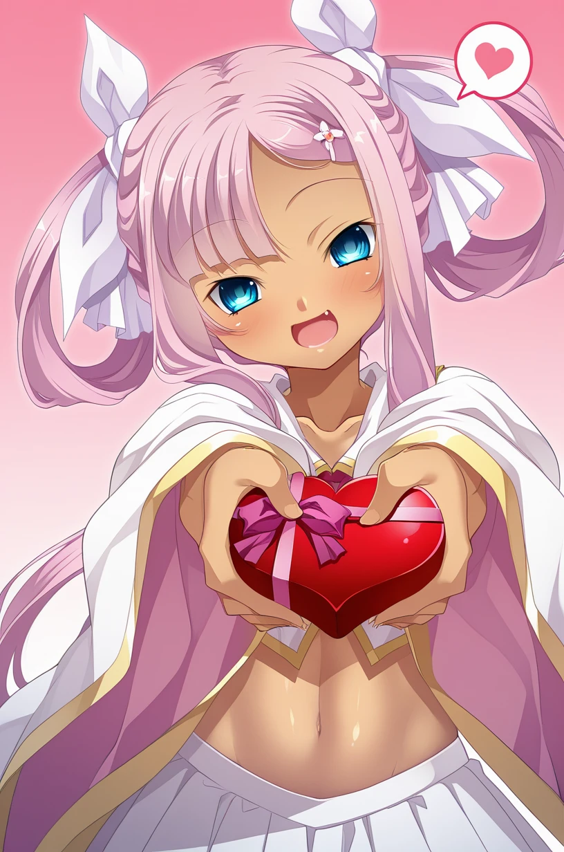 masterpiece, best quality, amazing quality, very aesthetic, absurdres, ultra detailed, 
1girl, solo, su/n_sh@ngx1@ng(sha0ren), pink hair,  blue eyes, hair rings, hair ribbon, hairclip BREAK midriff, wide sleeves, navel, thighhighs, zettai ryouiki, pleated skirt, 
big smile, fang, laugh, lovestruck, smile, blush, head tilt, facing down, looking at viewer, (spoken heart), standing, holding heart gift, reaching towards viewer, gradient background, pink background, front view, (upper body:1.2), sharp focus, depth of field <lora:Sun Shangxiang(shaoren) v1.0-000012:1>