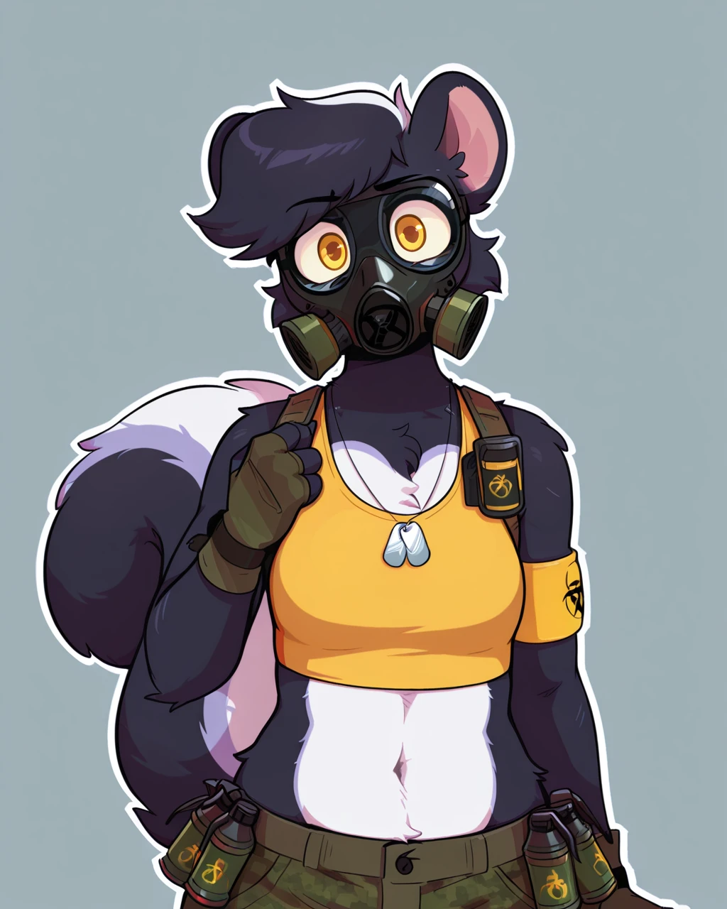masterpiece,best quality,amazing quality, half-length portrait, skunk, furry female, female, furry, yellow eyes, fingerless gloves, dog tags, yellow sports bra, grenade, midriff, pants, tail, looking at viewer, gas mask, head tilt, simple background, white outline, <lora:Cobalt_Snow_Ill:0.6> <lora:The-Minuscule-Task_Style_Lora_Illustrious:0.4> <lora:goopystem_ILL:0.5> <lora:Jane_WirelessShiba_ILLU:1>