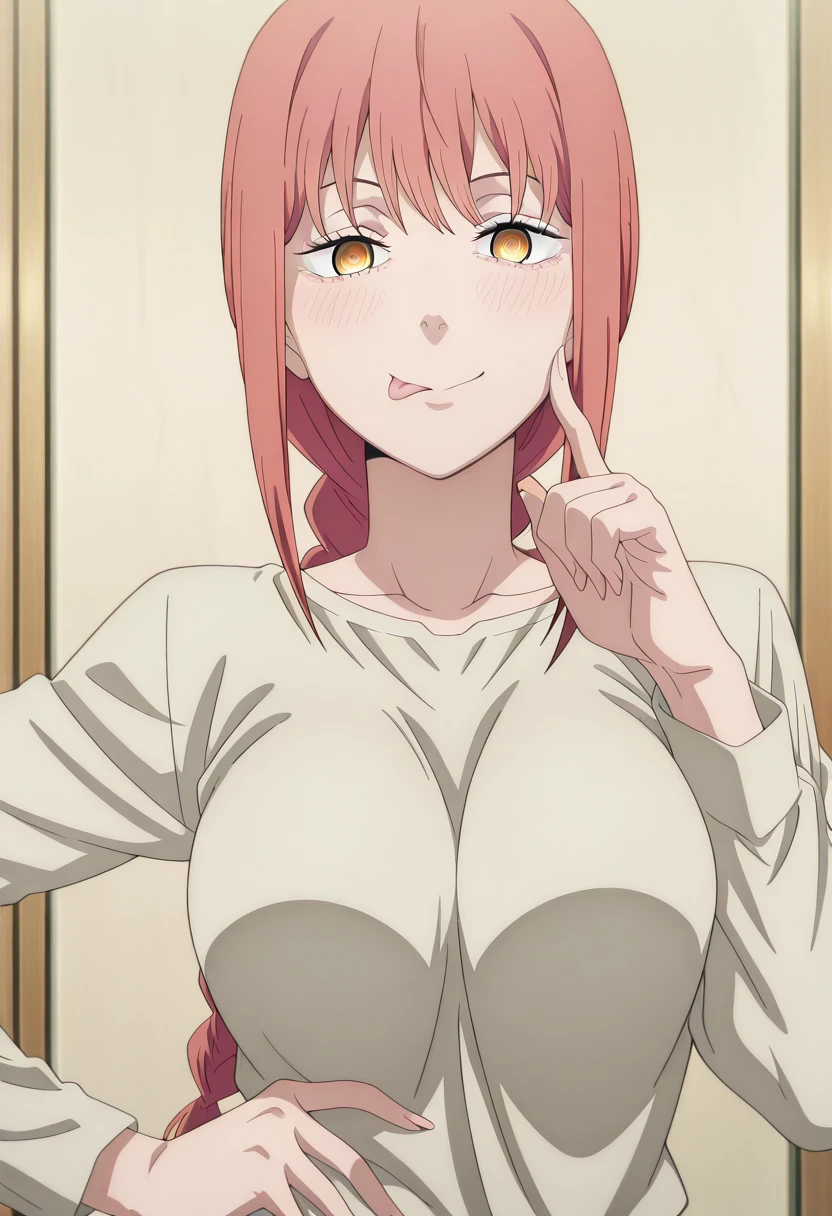 masterpiece, best quality, amazing quality,, <lora:chainsawman-makima-s1-illustriousxl-lora-nochekaiser:1>, makima, makima (chainsaw man), long hair, bangs, yellow eyes, braid, red hair, braided ponytail, ringed eyes, mature female, medium breasts, anime screencap, <lora:gotoubunnohanayome-vol8-illustriousxl-lora-nochekaiser:1>, gotoubunnohanayome vol8, solo, looking at viewer, blush, smile, upper body, tongue, tongue out, :p, finger to cheek, hand on own hip,, , ,