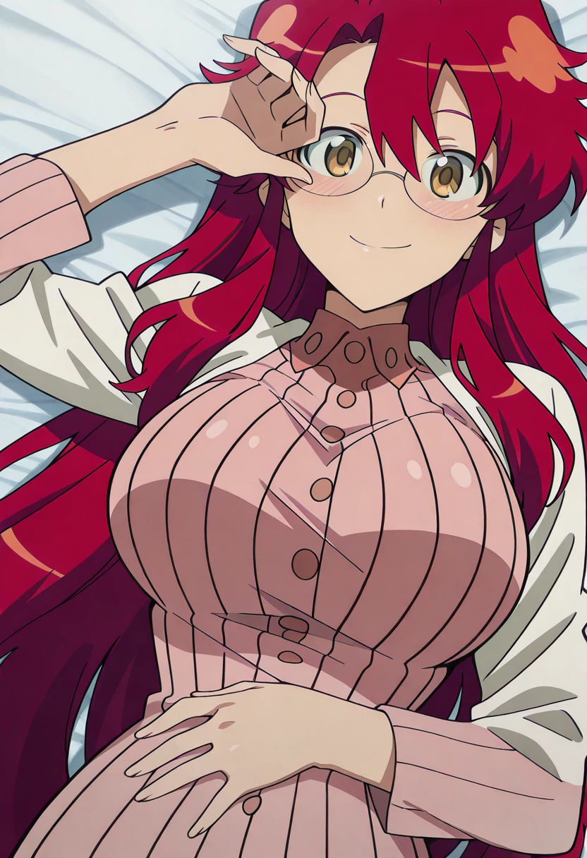 masterpiece, best quality, amazing quality,, <lora:yoko-littner-s1-illustriousxl-lora-nochekaiser:1>, yoko littner, long hair, yellow eyes, red hair, glasses, hair down, mature female, large breasts, anime screencap, <lora:gotoubunnohanayome-vol2-illustriousxl-lora-nochekaiser:1>, gotoubunnohanayome vol2, solo, looking at viewer, blush, smile, closed mouth, upper body, lying, on back, hand on own stomach, hand up,, , ,