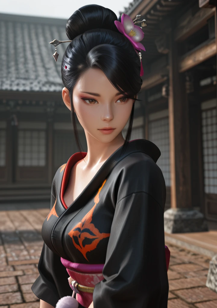 masterpiece, best quality, amazing quality, very aesthetic, high resolution, ultra-detailed, absurdres, newest, scenery, 3D, rendered, BREAK, depth of field, volumetric lighting,realistic,
1girl, japanese, nohime, black hair, hair ornament, single hair bun, hair flower, hair bun, hair stick,face focus, brown eyes, japanese clothes, kimono, black kimono, obi, sash, random pose, random scene