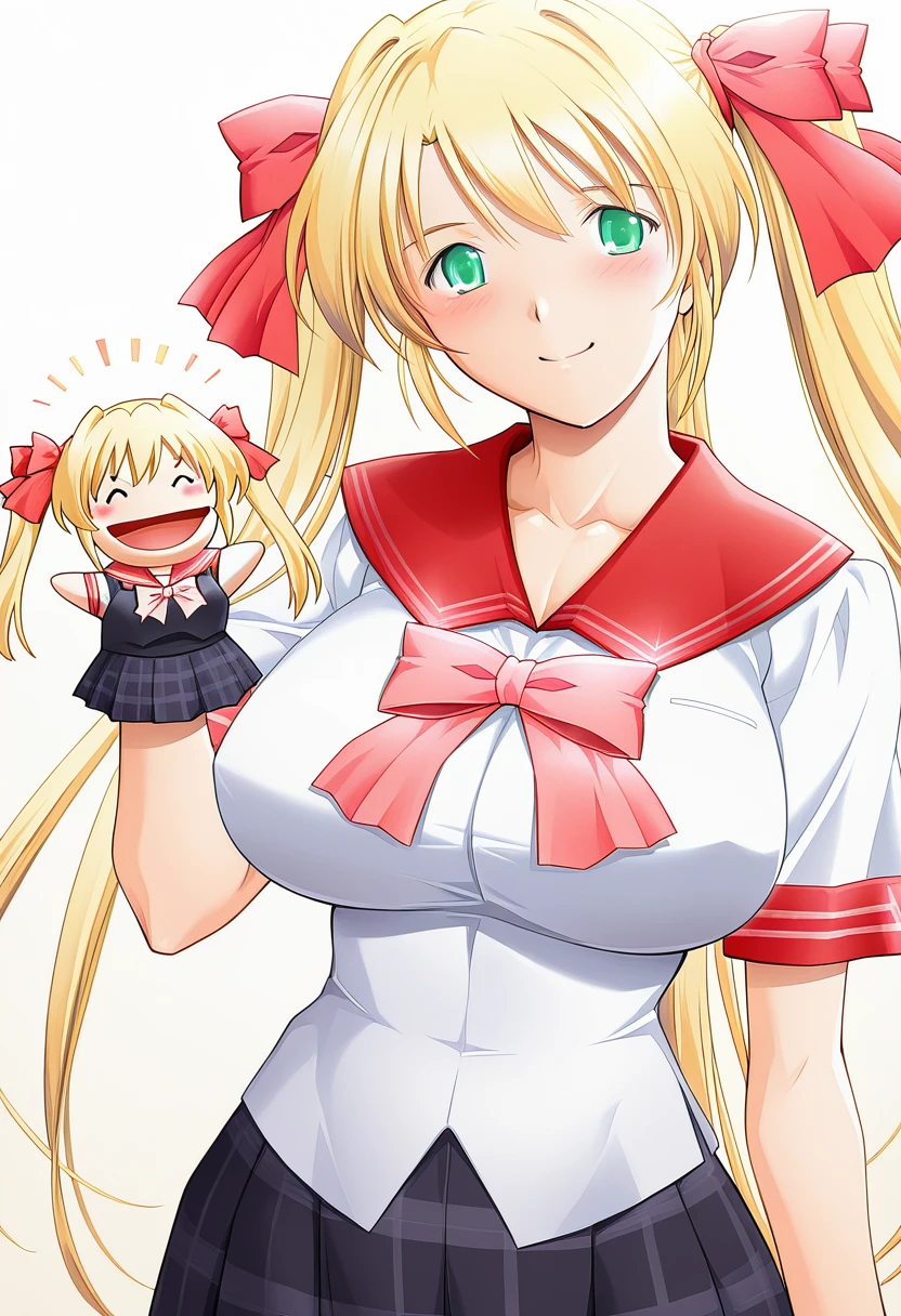 masterpiece, best quality, amazing quality, very aesthetic, absurdres, ultra detailed
1girl, solo, ak3h1me_sak1, blonde hair, green eyes, twintails BREAK  school uniform, pink bow, red sailor collar, plaid skirt, black skirt, 
^ ^, shy smile, blush, standing, hppt,hand puppet, happy aura, simple background, white background, upper body, soft shadows <lora:hand_puppet_IL_v1:1> <lora:akehime saki v1.0-000012:1>
