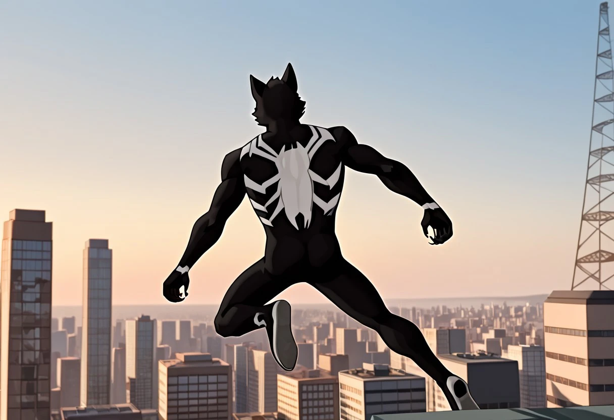 blacksuitspider_2017/(marvel)XL, symbiote, blacksuit, 1boy, solo, muscular, mask, bodysuit, spiderprint,
ArgoXL, solo, male, anthro, wolf, muscular, bara, claws, paws, wolf tail, wolf face, wolf snout, wolf ears,
back view, jumping,
masterpiece, best quality, amazing quality, very aesthetic, highres, absurdres
day city,
4k, best quality, highly detailed, lights details, high resolution, high quality, perfect quality, vivid color, vibrant, highly detailed,