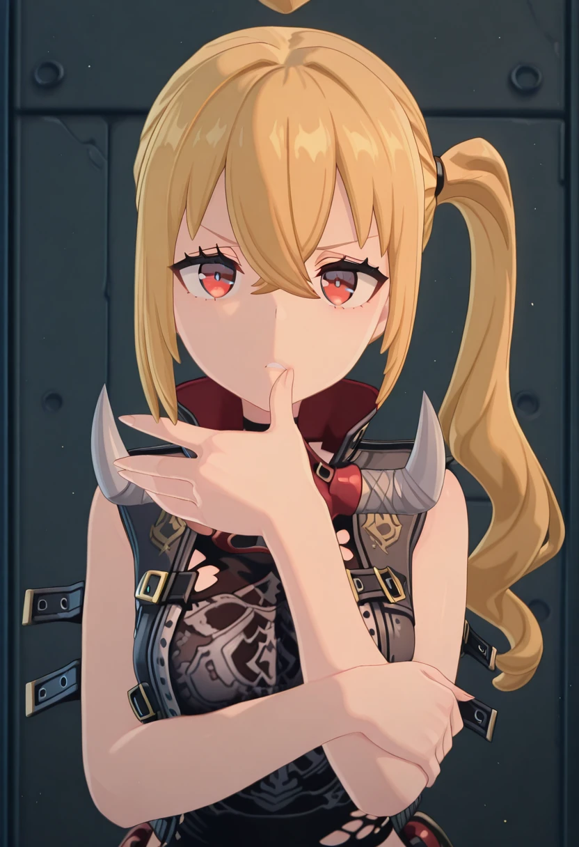 masterpiece, best quality, amazing quality,, <lora:zzz-luciana-de-montefio-ingame-illustriousxl-lora-nochekaiser:1>, luciana de montefio, blonde hair, red eyes, side ponytail, hair between eyes, long hair, mature female, small breasts, 3d, <lora:gotoubunnohanayome-vol7-illustriousxl-lora-nochekaiser:1>, gotoubunnohanayome vol7, solo, looking at viewer, upper body, parted lips, hand up, grabbing own arm, thumb on own lips, annoyed,, , ,
