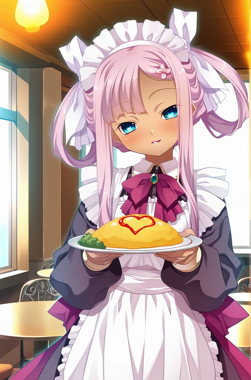 masterpiece, best quality, amazing quality, very aesthetic, absurdres, ultra detailed,
1girl, solo, su/n_sh@ngx1@ng(sha0ren), pink hair, = =, hair rings, hair ribbon, hair ornament BREAK maid, apron, maid headdress, embarrassed, smile, Seductive charm, blush, head tilt, parted lips, looking at viewer, standing, pinup, holding plate, plate on omelet, cafe, front view <lora:Sun Shangxiang(shaoren) v1.0-000012:0.9>