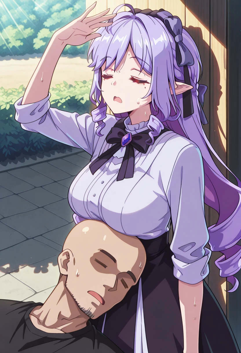 masterpiece, best quality, amazing quality,, <lora:zzz-vivian-ingame-illustriousxl-lora-nochekaiser:1>, vivian, vivian banshee, ahoge, long hair, mole, mole under eyes, pointy ears, purple hair, red eyes, streaked hair, drill hair, braid, hair bow, mature female, medium breasts, 3d, <lora:getsuyoubinotawawa-551-illustriousxl-lora-nochekaiser:1>, getsuyoubinotawawa 551, open mouth, shirt, skirt, 1boy, closed eyes, sweat, arm up, sleeping, sleeves rolled up, = =, breast rest, breasts on head, hot, sunlight, shadow, outdoors, faceless, faceless male, bald, mature male,, faceless, faceless male, bald, mature male,, ,  solo