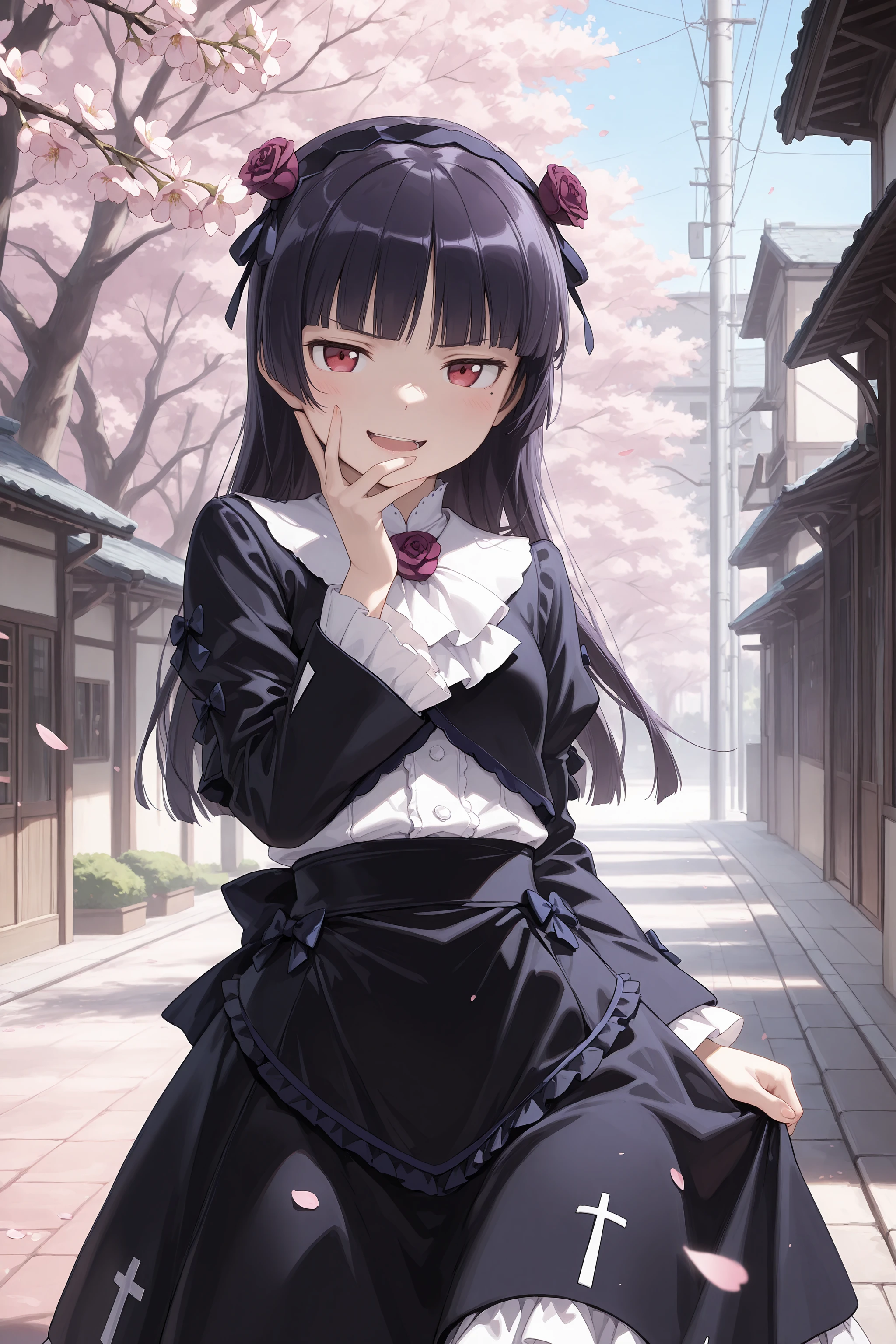 1girl, gokou ruri, red eyes, black flower hairband, solo, frilled ascot, flower brooch, black cropped jacket, white frilled shirt, black hoop skirt, petticoat, looking at viewer, smug, open mouth, naughty face, hand on own face, standing, contrapposto, cowboy shot, outdoors, street, cherry blossoms, petals, depth of field <lora:Char-Gokou_Ruri-V1-IL:0.9:hr=0.6>
masterpiece, best quality, amazing quality, very awa,absurdres,newest,very aesthetic, highres, (scenery, volumetric lighting), high contrast, photorealistic, <lora:IL-Cunny:0.8:hr=0>, <lora:IL-Dramatic_Lighting_Slider:2.5:hr=0>