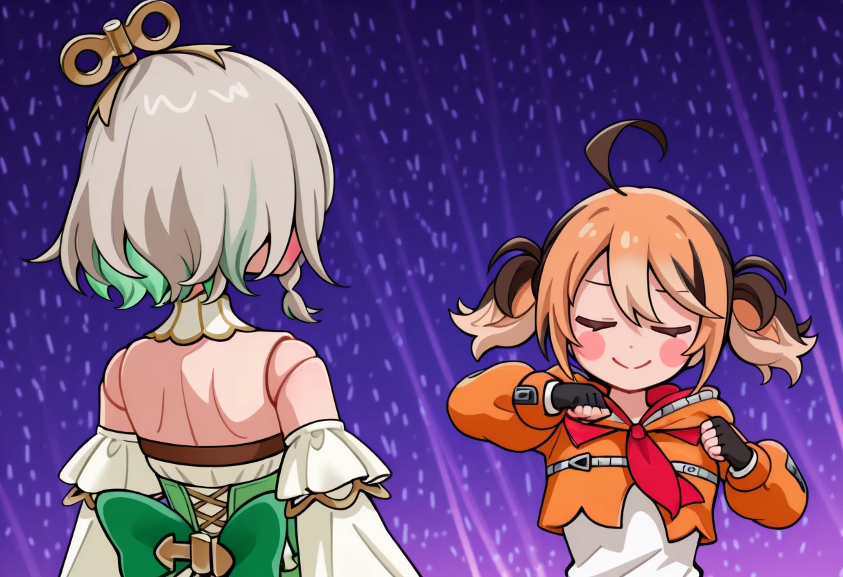 chibi, blush stickers, purple background, concert, 2girls, standing, from behind, upper body, <lora:ChamCeciliaImmergreenV2IllustriousXL:1> Cec1l1aDef, winding key hair ornament, doll joints, grey hair, colored inner hair, streaked hair, short hair, side braid, detached collar, strapless dress, detached sleeves, chest belt, green corset, gears, green skirt
chibi, blush stickers, purple background, concert, 2girls, dancing, closed eyes, smile, closed mouth, <lora:ChamGigiMurinIllustriousXL:1> GigiBase, pink eyes, multicolored hair, short twintails, ahoge, hood down, orange jacket, cropped jacket, white shirt, fingerless gloves, <lora:shikairo_days_dance_memev3:1.2> <lora:style_beegsmol_noobAIXL11EPS-GLoRA:1.5>