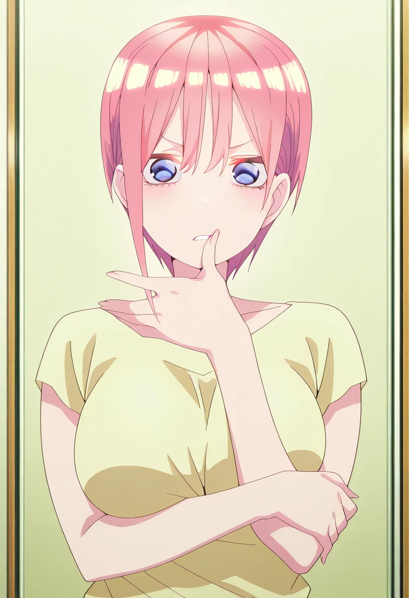 masterpiece, best quality, amazing quality,,<lora:ichika-nakano-s2-illustriousxl-lora-nochekaiser:1>, ichika nakano, short hair, bangs, blue eyes, hair between eyes, pink hair, mature female, large breasts, anime screencap, <lora:gotoubunnohanayome-vol7-illustriousxl-lora-nochekaiser:1>, gotoubunnohanayome vol7, solo, looking at viewer, upper body, parted lips, hand up, grabbing own arm, thumb on own lips, annoyed,, , ,